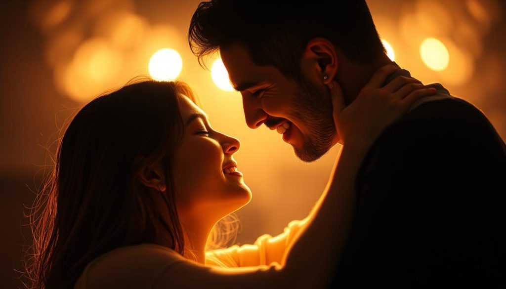 A passionate embrace between two individuals, their faces illuminated by soft, warm lighting that casts a gentle glow. Their expressions convey a sense of deep connection, infatuated and lost in the moment. The background is hazy and dreamlike, with muted colors that create an intimate, emotional atmosphere. The composition draws the viewer's eye to the central figures, highlighting the intensity of their bond. The overall scene evokes the essence of infatuation and the early stages of falling in love. A passionate embrace between two individuals, their faces illuminated by soft, warm lighting that casts a gentle glow. Their expressions convey a sense of deep connection, infatuated and lost in the moment. The background is hazy and dreamlike, with muted colors that create an intimate, emotional atmosphere. The composition draws the viewer's eye to the central figures, highlighting the intensity of their bond. The overall scene evokes the essence of infatuation and the early stages of falling in love.