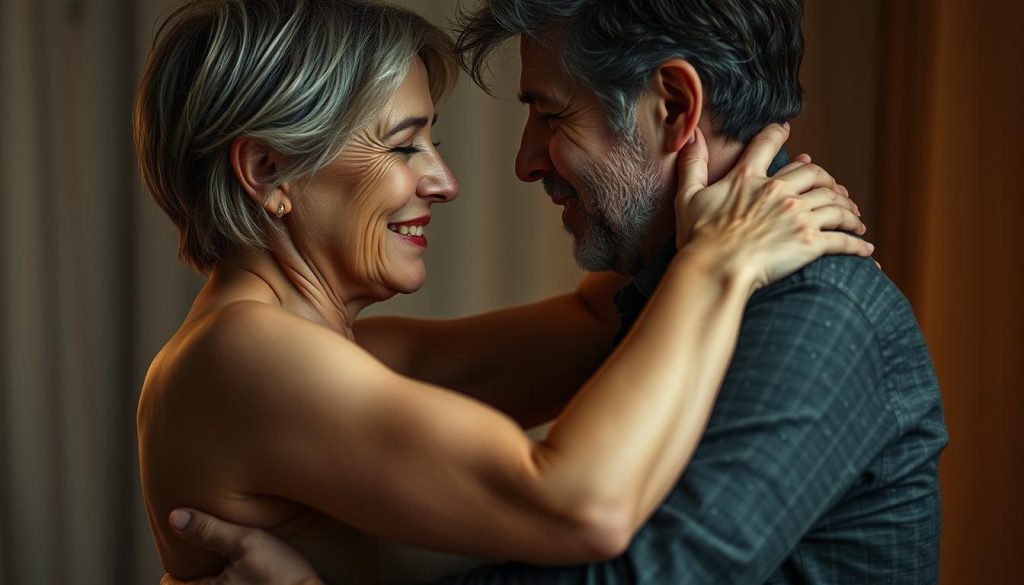 A passionate embrace between two mature, deeply connected individuals, their bodies intertwined in a moment of profound intimacy. The lighting is soft and warm, casting a romantic glow on their faces as they gaze into each other's eyes, conveying a sense of profound understanding and trust. The background is blurred, creating a sense of isolation and focus on the couple's bond. The composition draws the viewer's attention to the intensity of their connection, capturing the essence of a mature, stable love. A passionate embrace between two mature, deeply connected individuals, their bodies intertwined in a moment of profound intimacy. The lighting is soft and warm, casting a romantic glow on their faces as they gaze into each other's eyes, conveying a sense of profound understanding and trust. The background is blurred, creating a sense of isolation and focus on the couple's bond. The composition draws the viewer's attention to the intensity of their connection, capturing the essence of a mature, stable love.