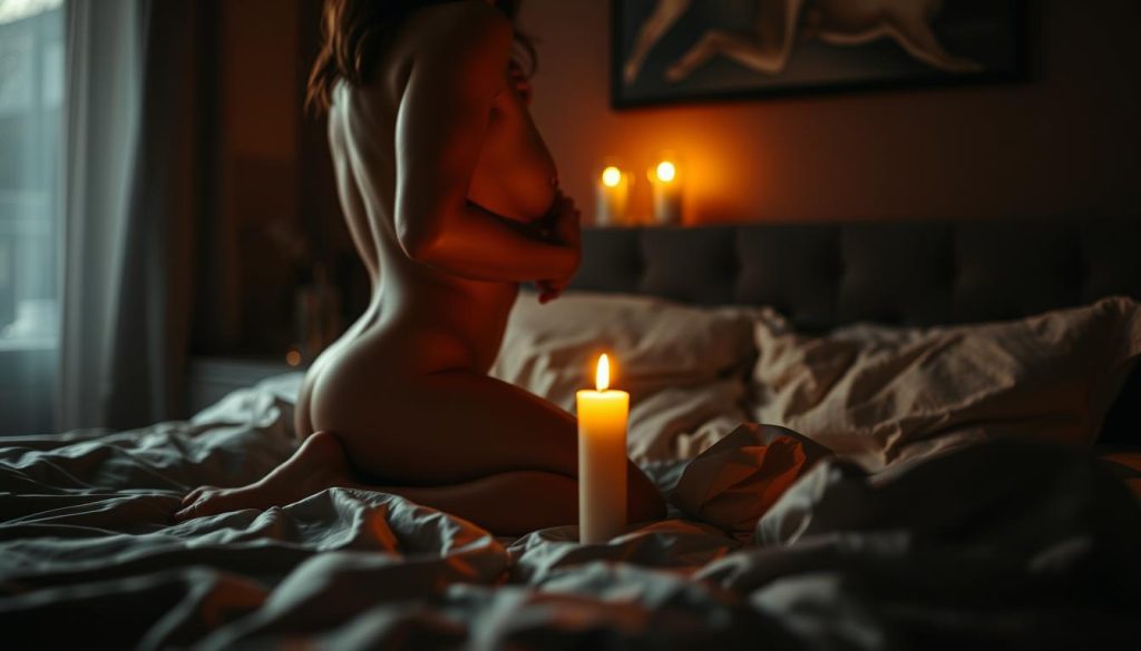A passionate, intimate encounter in a cozy, dimly-lit bedroom. The foreground features two tangled, embrace bodies, their skin glowing with a warm, golden candlelight. In the middle ground, a plush, rumpled bed with satin sheets creates a sense of sensuality. The background is softly blurred, hinting at a private, serene ambiance, perhaps with a hint of flickering firelight or the silhouette of a window. The overall mood is one of deep, smoldering desire, where time stands still and the world fades away, leaving only the two lovers lost in the moment.