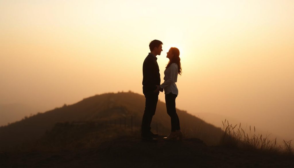 A peaceful, long-distance relationship scene. In the foreground, two people stand on a hilltop, gazing at each other tenderly, their silhouettes backlit by a warm sunset. In the middle ground, a winding path leads away, symbolizing the distance between them. The background is a serene, hazy landscape, with mountains and a soft, glowing sky. Soft, muted tones create a contemplative, melancholic mood. The overall composition suggests the challenges and opportunities of maintaining a relationship across physical separation, with a sense of longing and resilience. A peaceful, long-distance relationship scene. In the foreground, two people stand on a hilltop, gazing at each other tenderly, their silhouettes backlit by a warm sunset. In the middle ground, a winding path leads away, symbolizing the distance between them. The background is a serene, hazy landscape, with mountains and a soft, glowing sky. Soft, muted tones create a contemplative, melancholic mood. The overall composition suggests the challenges and opportunities of maintaining a relationship across physical separation, with a sense of longing and resilience.