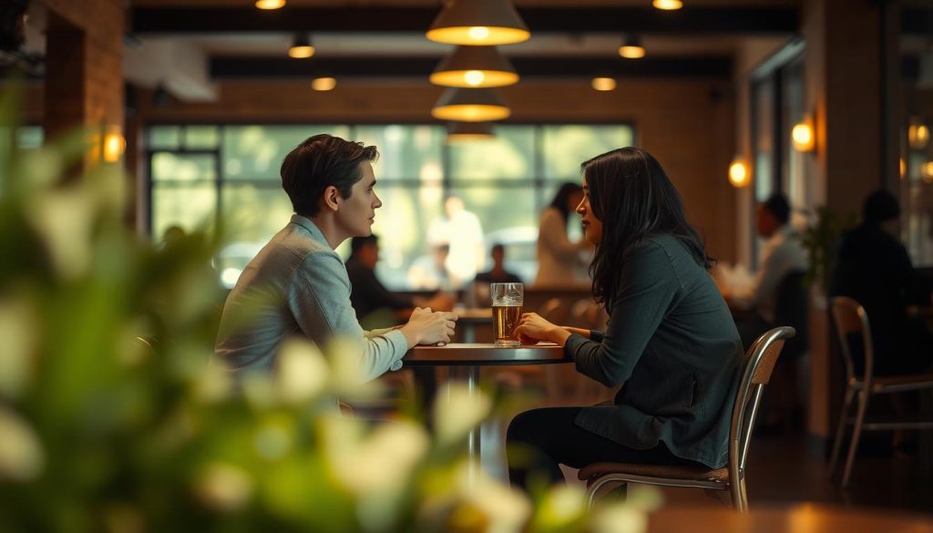 A peaceful meeting place, a well-lit cafe with warm lighting and a cozy atmosphere. At the center, two people sit across a small table, engaged in deep conversation, their body language indicating a sense of understanding and connection. The background is slightly blurred, drawing the focus to the two figures and their shared objective. The lighting is soft and natural, creating a sense of intimacy and contemplation. The overall mood is one of thoughtfulness and clarity, reflecting the intent to understand each other's goals and intentions. A peaceful meeting place, a well-lit cafe with warm lighting and a cozy atmosphere. At the center, two people sit across a small table, engaged in deep conversation, their body language indicating a sense of understanding and connection. The background is slightly blurred, drawing the focus to the two figures and their shared objective. The lighting is soft and natural, creating a sense of intimacy and contemplation. The overall mood is one of thoughtfulness and clarity, reflecting the intent to understand each other's goals and intentions.