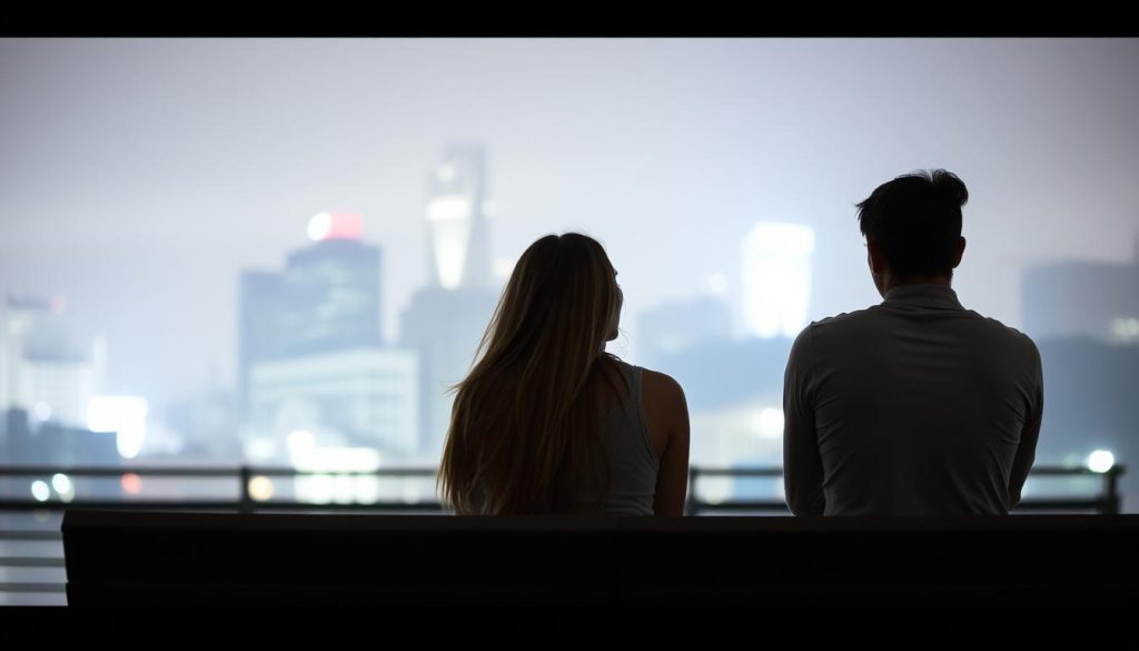 A pensive couple sits on a bench, their body language conveying a sense of disconnect and the strain of an unresolved relationship. The foreground is softly lit, highlighting their expressions of contemplation and emotional turmoil. The middle ground features a blurred urban landscape, symbolizing the difficulty of navigating the complexities of modern love. The background is hazy, evoking a sense of uncertainty and the weight of their decision. The image is captured with a shallow depth of field, creating a dreamlike, introspective atmosphere that reflects the subject's internal struggle to understand the moment when a relationship must come to an end. A pensive couple sits on a bench, their body language conveying a sense of disconnect and the strain of an unresolved relationship. The foreground is softly lit, highlighting their expressions of contemplation and emotional turmoil. The middle ground features a blurred urban landscape, symbolizing the difficulty of navigating the complexities of modern love. The background is hazy, evoking a sense of uncertainty and the weight of their decision. The image is captured with a shallow depth of field, creating a dreamlike, introspective atmosphere that reflects the subject's internal struggle to understand the moment when a relationship must come to an end.