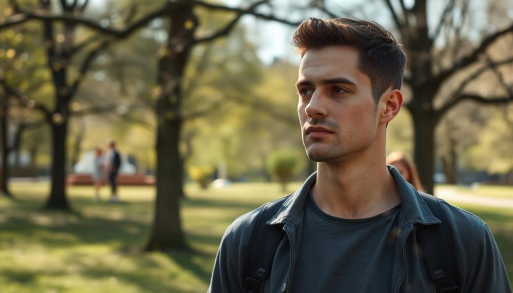 A pensive man in his late 20s, casually dressed, stands in a tranquil park setting on a mild spring day. Soft, diffused sunlight filters through the trees, casting gentle shadows on his contemplative expression. The man's gaze is focused inward, as if reflecting on the timing and pace of moving forward after a recent heartbreak. Behind him, a young couple strolls by, a subtle reminder of new beginnings. The overall mood is one of introspection and cautious optimism, hinting at the delicate balance of healing and readiness to open oneself to new connections.