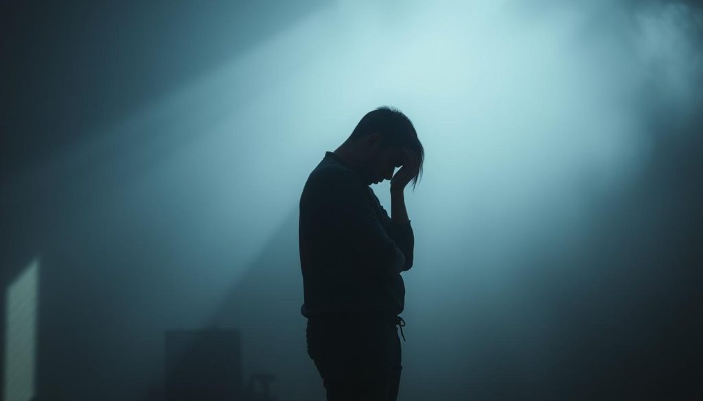 A person standing in a dimly lit room, their head bowed in deep contemplation. The figure is shrouded in a soft, muted light, creating an atmosphere of introspection and a sense of personal growth. The background is hazy, with subtle details that suggest a journey of self-discovery. The person's posture conveys a feeling of remorse and a desire for personal redemption, reflecting the psychology of apologies and the process of overcoming guilt and shame. The composition is balanced, with the subject placed centrally, allowing the viewer to focus on the emotional weight of the scene.