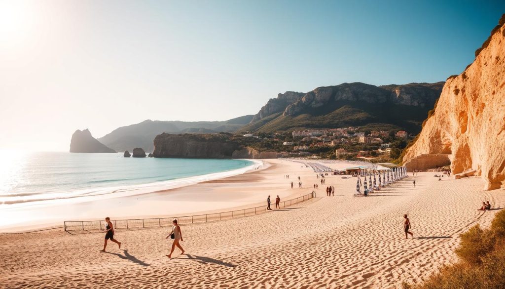 A picturesque beach along the Riviera del Conero, nestled between the dramatic cliffs and azure waters of the Adriatic Sea. The sun casts a warm, golden glow across the soft, sandy shores, inviting visitors to bask in its radiance. In the foreground, a few beachgoers stroll leisurely, their silhouettes providing a sense of scale and tranquility. The middle ground features a cluster of colorful umbrellas and sun loungers, creating a welcoming, laid-back atmosphere. In the distance, the rugged, verdant coastline stretches out, punctuated by the occasional charming seaside town. The scene is captured through a wide-angle lens, offering a panoramic view that showcases the natural beauty and romantic allure of this captivating region. A picturesque beach along the Riviera del Conero, nestled between the dramatic cliffs and azure waters of the Adriatic Sea. The sun casts a warm, golden glow across the soft, sandy shores, inviting visitors to bask in its radiance. In the foreground, a few beachgoers stroll leisurely, their silhouettes providing a sense of scale and tranquility. The middle ground features a cluster of colorful umbrellas and sun loungers, creating a welcoming, laid-back atmosphere. In the distance, the rugged, verdant coastline stretches out, punctuated by the occasional charming seaside town. The scene is captured through a wide-angle lens, offering a panoramic view that showcases the natural beauty and romantic allure of this captivating region.