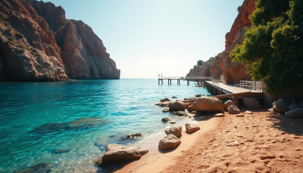 A romantic Italian beach with crystal-clear azure waters lapping against a shore of fine, golden sand. The foreground features a secluded cove with smooth, sun-warmed rocks and lush, verdant foliage cascading down the cliffs. In the middle ground, a picturesque pier stretches out into the tranquil sea, its wooden planks casting warm, elongated shadows. The background is dominated by dramatic, rugged cliffs in shades of ochre and sienna, their jagged peaks etched against a vibrant, cloudless sky. Soft, diffused natural light bathes the entire scene in a dreamy, golden hue, creating a sense of timeless, Mediterranean allure. A romantic Italian beach with crystal-clear azure waters lapping against a shore of fine, golden sand. The foreground features a secluded cove with smooth, sun-warmed rocks and lush, verdant foliage cascading down the cliffs. In the middle ground, a picturesque pier stretches out into the tranquil sea, its wooden planks casting warm, elongated shadows. The background is dominated by dramatic, rugged cliffs in shades of ochre and sienna, their jagged peaks etched against a vibrant, cloudless sky. Soft, diffused natural light bathes the entire scene in a dreamy, golden hue, creating a sense of timeless, Mediterranean allure.