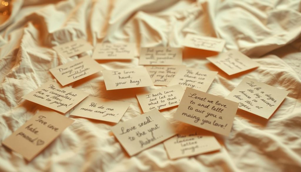 A romantic and intimate scene of handwritten love notes scattered across a soft, ivory-colored sheet. The notes are written in a delicate, cursive script, conveying heartfelt sentiments and declarations of affection. The lighting is warm and diffused, creating a cozy, inviting atmosphere. The composition is balanced, with the notes arranged in a visually pleasing manner, drawing the eye to the center of the frame. The background is blurred, creating a sense of depth and focus on the central elements. The overall mood is one of tenderness, intimacy, and the expression of deep, meaningful emotions.