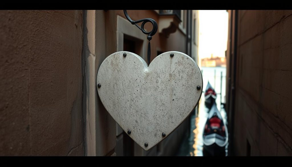 A romantic and timeless scene of the iconic heart-shaped "cuore" symbol, nestled within the charming alleyways and canals of Venice. The cuore is crafted from weathered stone, its surface etched with the patina of centuries. Soft, golden light filters through the narrow calli, casting a warm glow on the cuore and the surrounding architecture. In the distance, a glimpse of a gondola glides silently along the tranquil waters, adding to the sense of timeless enchantment. The composition evokes the ageless allure of Venice, where centuries-old legends and traditions intertwine with the city's captivating beauty, creating the perfect setting for a dreamy, romantic rendezvous.