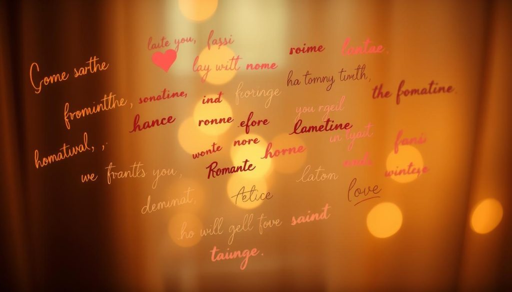 A romantic, dreamy scene featuring handwritten &quot;frasi romantiche&quot; (romantic phrases) in elegant calligraphy, delicately floating and intertwining against a soft, blurred background. The phrases are written in a variety of pastel colors, evoking a sense of intimacy and emotion. The lighting is warm and gentle, creating a cozy, intimate atmosphere. The camera angle is slightly elevated, giving the viewer a sense of wistful observation. The overall mood is one of thoughtful, poetic romance, perfectly capturing the essence of the section title &quot;Come rimorchiare frasi? Le migliori tecniche di persona&quot;.