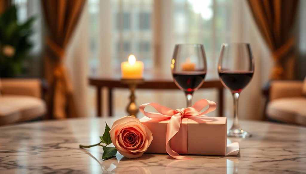A romantic, elegant first date gift idea, presented on a marble tabletop. In the foreground, a soft pink rose and a box wrapped in delicate paper, tied with a satin ribbon. In the middle ground, a single candlestick and a glass of red wine, casting a warm, intimate glow. The background features a blurred, luxurious interior with lush draperies and a gleam of polished wood. The overall mood is one of thoughtfulness, intimacy, and anticipation, perfect for illustrating the best first date gift ideas.