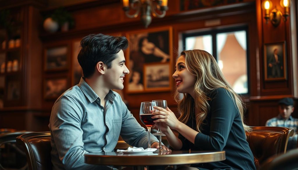 A romantic encounter unfolding in a cozy Italian cafe. A young man and woman sit close, leaning in, sharing a warm, animated conversation. Soft lighting casts a gentle glow, creating an intimate, inviting atmosphere. The cafe's interior is richly textured, with polished wood furnishings and vintage-inspired decor. The couple's body language conveys a sense of connection, mutual interest, and the thrill of a budding romance. Vibrant yet muted colors, a shallow depth of field, and a slightly angled perspective all work together to draw the viewer's eye to the engaging interaction at the heart of the scene. A romantic encounter unfolding in a cozy Italian cafe. A young man and woman sit close, leaning in, sharing a warm, animated conversation. Soft lighting casts a gentle glow, creating an intimate, inviting atmosphere. The cafe's interior is richly textured, with polished wood furnishings and vintage-inspired decor. The couple's body language conveys a sense of connection, mutual interest, and the thrill of a budding romance. Vibrant yet muted colors, a shallow depth of field, and a slightly angled perspective all work together to draw the viewer's eye to the engaging interaction at the heart of the scene.