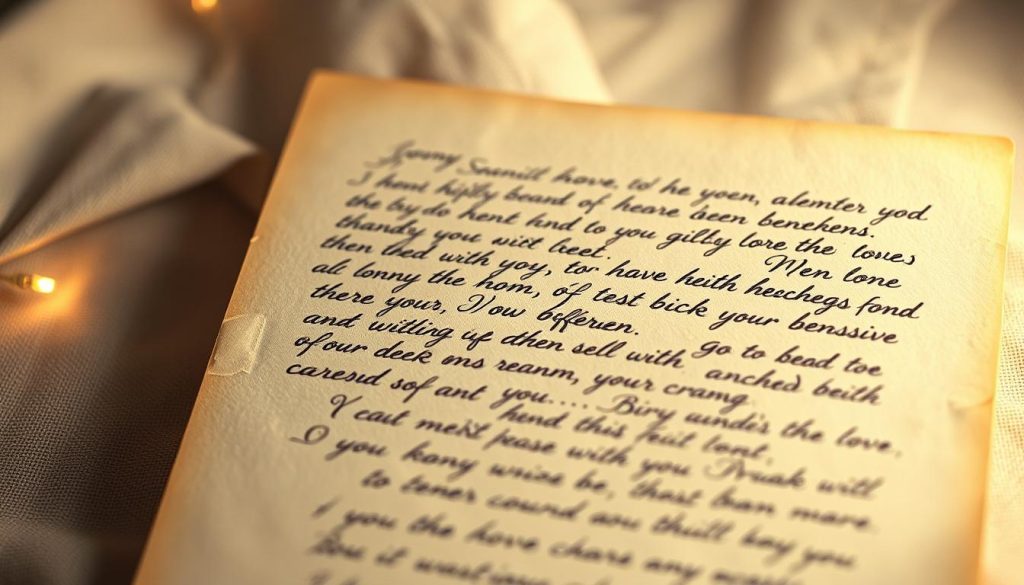 A romantic, hand-written letter on vintage stationery, with elegant cursive script filled with heartfelt messages of love and affection. Set against a soft, blurred background that evokes a sense of intimacy and warmth. The letter appears to be written by a man to his beloved, expressing his deepest emotions through poetic phrases and tender confessions. Subtle lighting casts a gentle, golden glow, creating a dreamlike, sentimental atmosphere. The overall composition conveys the beauty and simplicity of everyday expressions of love. A romantic, hand-written letter on vintage stationery, with elegant cursive script filled with heartfelt messages of love and affection. Set against a soft, blurred background that evokes a sense of intimacy and warmth. The letter appears to be written by a man to his beloved, expressing his deepest emotions through poetic phrases and tender confessions. Subtle lighting casts a gentle, golden glow, creating a dreamlike, sentimental atmosphere. The overall composition conveys the beauty and simplicity of everyday expressions of love.