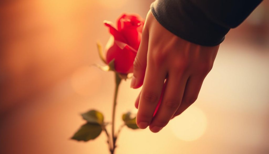 A romantic, intimate scene of "amore" captured through a warm, soft-focus lens. In the foreground, two intertwined hands gently caress each other, fingers entwined in a tender embrace. The middle ground features a delicate, red rose in full bloom, its petals unfurling, symbolizing the blossoming of love. The background is softly blurred, creating a sense of intimacy and focus on the central subject. Gentle, ambient lighting casts a golden, dreamlike glow, evoking a feeling of warmth, passion, and genuine connection. The overall mood is one of affection, vulnerability, and the pure, authentic joy of love. A romantic, intimate scene of "amore" captured through a warm, soft-focus lens. In the foreground, two intertwined hands gently caress each other, fingers entwined in a tender embrace. The middle ground features a delicate, red rose in full bloom, its petals unfurling, symbolizing the blossoming of love. The background is softly blurred, creating a sense of intimacy and focus on the central subject. Gentle, ambient lighting casts a golden, dreamlike glow, evoking a feeling of warmth, passion, and genuine connection. The overall mood is one of affection, vulnerability, and the pure, authentic joy of love.