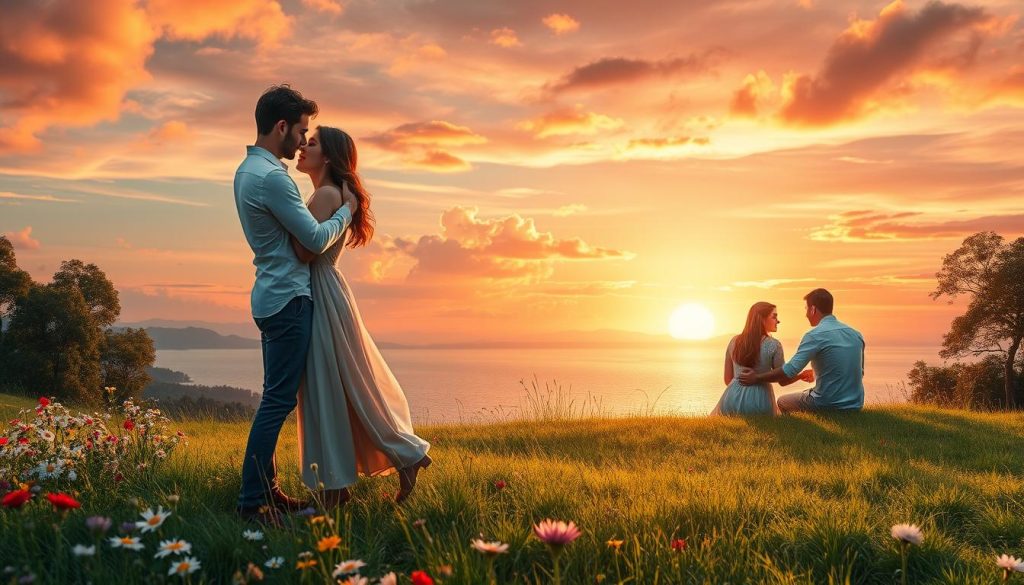 A romantic landscape depicting the contrast between infatuation and deeper love. In the foreground, two figures embrace passionately, their bodies intertwined in a moment of intense, almost feverish innamoramento. In the middle ground, the same couple sits together calmly, their expressions serene and their gestures more gentle, reflecting the mature amore that has blossomed. The background features a lush, dreamlike setting - a meadow dotted with wildflowers, a shimmering lake, and a vibrant sunset sky that casts a warm, glowing light over the entire scene. The composition conveys the evolution from the initial spark of attraction to the steadfast, enduring bond of true love. A romantic landscape depicting the contrast between infatuation and deeper love. In the foreground, two figures embrace passionately, their bodies intertwined in a moment of intense, almost feverish innamoramento. In the middle ground, the same couple sits together calmly, their expressions serene and their gestures more gentle, reflecting the mature amore that has blossomed. The background features a lush, dreamlike setting - a meadow dotted with wildflowers, a shimmering lake, and a vibrant sunset sky that casts a warm, glowing light over the entire scene. The composition conveys the evolution from the initial spark of attraction to the steadfast, enduring bond of true love.