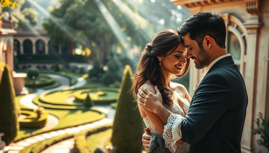 A romantic, timeless scene of classici amore. In the foreground, a classically-styled couple embraces, their expressions tender and affectionate. Soft lighting washes over them, creating a warm, intimate atmosphere. The middle ground features a lush, verdant garden setting, with ornate stone architecture and winding pathways in the background. Gentle rays of sunlight filter through the trees, casting a dreamlike glow. The overall composition evokes a sense of enduring, passionate love, a timeless moment captured in a classical Italian setting.