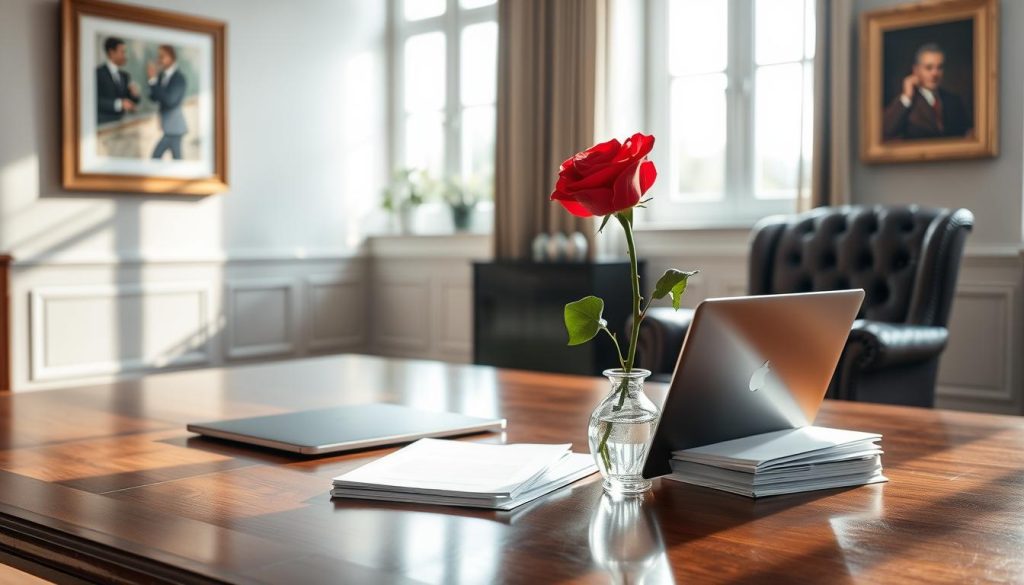 A serene and well-appointed office interior, bathed in soft, natural lighting filtering through large windows. On a polished, wooden desk sits a sleek laptop, a carefully arranged stack of documents, and a single, vibrant red rose in a crystal vase, symbolizing the refinement and attention to detail that defines "qualità". The walls are adorned with tasteful artwork, and a luxurious leather armchair invites contemplation. The overall atmosphere conveys a sense of professionalism, sophistication, and a commitment to excellence.
