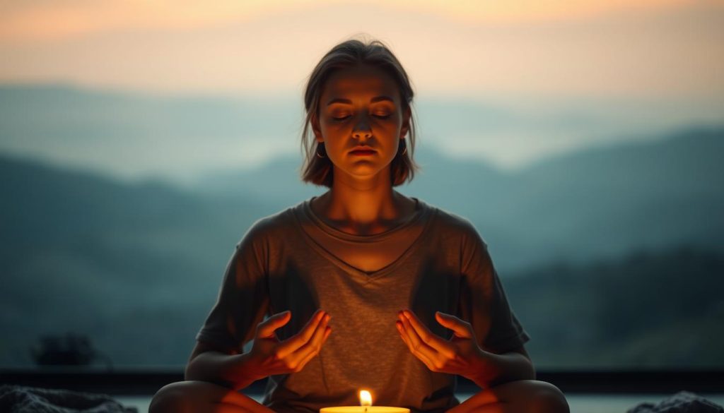 A serene, intimate scene of a person sitting in a meditative pose, eyes closed, hands resting gently on their lap. The lighting is soft and warm, creating a comforting atmosphere. The background is a blurred, dreamlike landscape, suggesting a tranquil, introspective setting. The figure's expression conveys a sense of deep focus and emotional awareness, inviting the viewer to pause and reflect on their own emotions and inner experiences. The composition is balanced and harmonious, guiding the eye towards the central figure and their contemplative state.