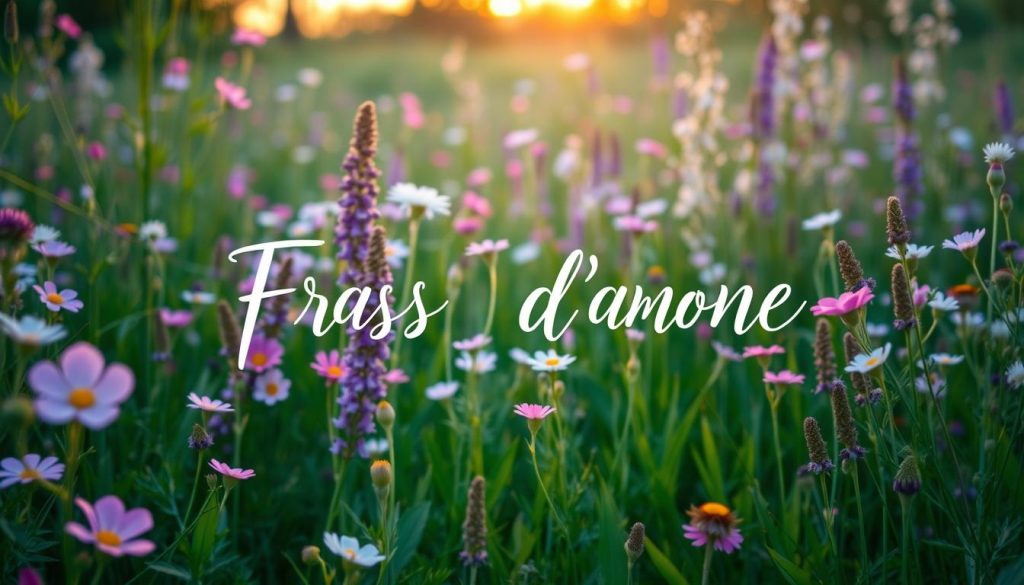 A serene meadow at golden hour, adorned with vibrant wildflowers in soft hues of pink, lavender, and white. In the foreground, a hand-lettered script unfurls, the words "Frasi d'Amore" elegantly penned against the natural backdrop. The composition is framed by lush, verdant foliage, creating a sense of warmth and intimacy. Soft, diffused lighting casts a romantic glow, while the overall scene evokes a feeling of heartfelt affection and connection.
