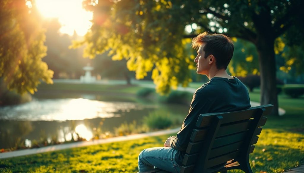 A serene outdoor scene, with a person sitting on a park bench, gazing pensively into the distance. The warm afternoon sunlight filters through the leaves of the surrounding trees, casting a soft, golden glow. In the background, a tranquil pond reflects the lush greenery, creating a sense of peace and contemplation. The figure, dressed in casual attire, appears lost in thought, as if considering the next steps in their journey after a past heartbreak. The composition evokes a sense of introspection and the desire to move forward, to "restart the meeting" and embrace new possibilities.