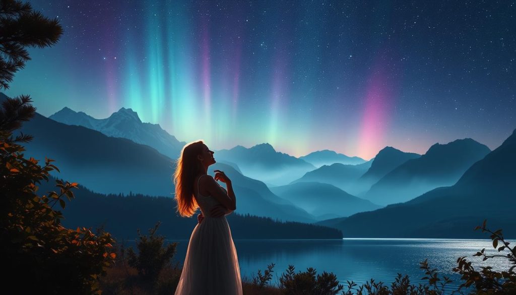 A serene, romantic landscape with a couple embracing under a starry night sky. Soft, warm lighting illuminates their tender moment as they gaze into each other's eyes, surrounded by lush, flowing foliage and a shimmering lake in the foreground. The background features a majestic mountain range, its peaks silhouetted against the ethereal, aurora-lit heavens. The overall atmosphere is one of deep, heartfelt connection, intimate and timeless. A serene, romantic landscape with a couple embracing under a starry night sky. Soft, warm lighting illuminates their tender moment as they gaze into each other's eyes, surrounded by lush, flowing foliage and a shimmering lake in the foreground. The background features a majestic mountain range, its peaks silhouetted against the ethereal, aurora-lit heavens. The overall atmosphere is one of deep, heartfelt connection, intimate and timeless.