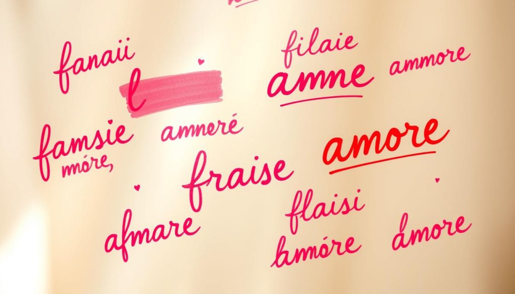 A serene, romantic scene of handwritten Italian love phrases (&quot;frasi amore&quot;) floating against a soft, blurred background. The phrases are written in a flowing, calligraphic script in shades of pink and red, creating a sense of intimacy and affection. The phrases are arranged in a visually appealing, organic composition, with some overlapping and intersecting to suggest the intertwining of love. Soft, warm lighting illuminates the scene, casting gentle shadows and highlights to accentuate the delicate, heartfelt nature of the messages. The overall mood is one of tenderness, passion, and the beauty of everyday expressions of love.