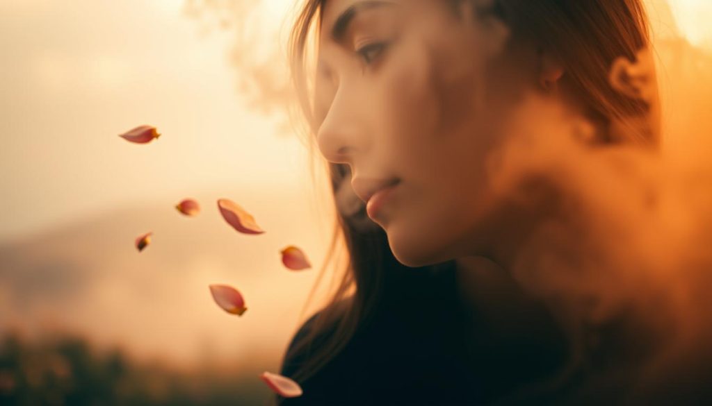 A serene, softly-lit scene of a person lost in contemplative thought, their face partially obscured by a gentle, ethereal mist. In the foreground, delicate flower petals drift through the air, representing the ephemeral, emotional nature of poetic sentiment. The background is a dreamlike landscape, with lush, muted colors and a sense of timelessness, evoking the internal, introspective world of the soul. Warm, diffused lighting casts a warm, romantic glow, while the low, angled perspective heightens the sense of intimacy and introspection. The overall atmosphere is one of quiet reflection, where the boundary between reality and the inner world of emotion and imagination blurs, creating a profound, poetic experience. A serene, softly-lit scene of a person lost in contemplative thought, their face partially obscured by a gentle, ethereal mist. In the foreground, delicate flower petals drift through the air, representing the ephemeral, emotional nature of poetic sentiment. The background is a dreamlike landscape, with lush, muted colors and a sense of timelessness, evoking the internal, introspective world of the soul. Warm, diffused lighting casts a warm, romantic glow, while the low, angled perspective heightens the sense of intimacy and introspection. The overall atmosphere is one of quiet reflection, where the boundary between reality and the inner world of emotion and imagination blurs, creating a profound, poetic experience.