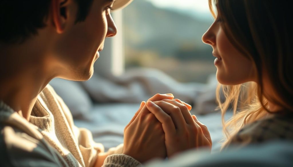 A serene, softly-lit scene of two people in close conversation, their faces illuminated by warm, natural light. The foreground features their hands clasped together, a symbol of trust and open communication. The middle ground depicts a cozy, intimate setting with muted colors and gentle textures, creating an atmosphere of comfort and vulnerability. In the background, a blurred, contemplative landscape suggests the broader context of their relationship. The overall mood is one of calm, connection, and the quiet power of authentic dialogue.