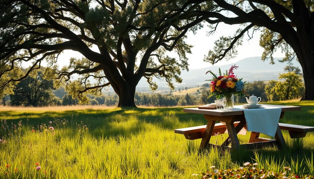 A serene, sun-dappled meadow with lush, verdant grass and wildflowers in full bloom. In the foreground, a rustic wooden picnic table adorned with a crisp white tablecloth, complemented by vintage-inspired tableware and a bouquet of fragrant, colorful blooms. Soft, warm lighting filters through the canopy of towering oak trees, casting a romantic, intimate glow over the scene. The background features rolling hills and a distant, hazy mountain range, creating a breathtaking, picturesque landscape. An idyllic, tranquil setting perfect for a romantic outdoor picnic. A serene, sun-dappled meadow with lush, verdant grass and wildflowers in full bloom. In the foreground, a rustic wooden picnic table adorned with a crisp white tablecloth, complemented by vintage-inspired tableware and a bouquet of fragrant, colorful blooms. Soft, warm lighting filters through the canopy of towering oak trees, casting a romantic, intimate glow over the scene. The background features rolling hills and a distant, hazy mountain range, creating a breathtaking, picturesque landscape. An idyllic, tranquil setting perfect for a romantic outdoor picnic.