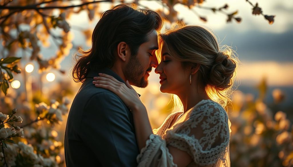 A softly lit romantic scene featuring two lovers embracing, their faces close and expressions conveying deep affection. The pair are set against a lush, dreamlike background of shimmering light, delicate flowers, and a hint of an evening sky. The image exudes a sense of intimacy, tenderness, and the magic of finding the perfect words to express one's love. Detailed, photorealistic, cinematic lighting, Nikon D850, 50mm lens, f/2.8, 1/125s.