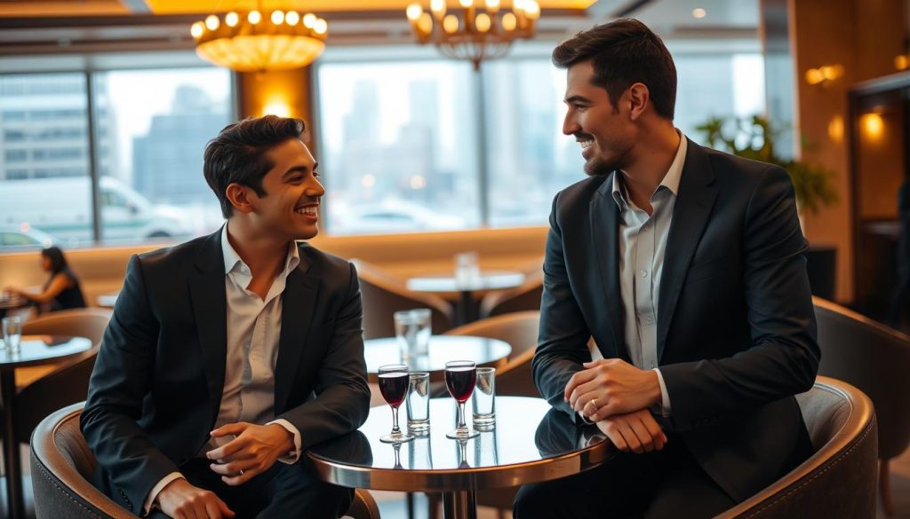 A stylish and well-dressed professional couple meeting in an upscale cafe setting. The foreground features the two individuals engaged in an animated discussion, their body language conveying a sense of mutual interest and rapport. The middle ground showcases the cafe's elegant interior design, with warm lighting, plush seating, and carefully curated decor. In the background, a blurred cityscape is visible through large windows, hinting at the fast-paced, cosmopolitan nature of their professional lives. The overall atmosphere exudes an air of sophistication, exclusivity, and the strategic pursuit of personal and professional connections.