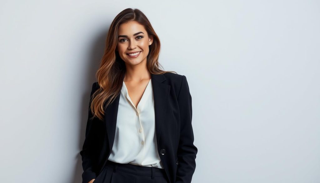 A stylish, modern woman stands confidently, her expression radiating poise and self-assurance. Her elegant yet understated attire, featuring a tailored blazer and slacks, conveys a sense of refined sophistication. The lighting is soft and flattering, creating subtle shadows that accentuate the contours of her face. The background is a minimalist, neutral setting, allowing the subject to be the focal point. The overall atmosphere is one of quiet confidence, reflecting the essence of "galanteria moderna" - a respectful, considerate, and well-timed approach to capturing a woman's attention. A stylish, modern woman stands confidently, her expression radiating poise and self-assurance. Her elegant yet understated attire, featuring a tailored blazer and slacks, conveys a sense of refined sophistication. The lighting is soft and flattering, creating subtle shadows that accentuate the contours of her face. The background is a minimalist, neutral setting, allowing the subject to be the focal point. The overall atmosphere is one of quiet confidence, reflecting the essence of "galanteria moderna" - a respectful, considerate, and well-timed approach to capturing a woman's attention.