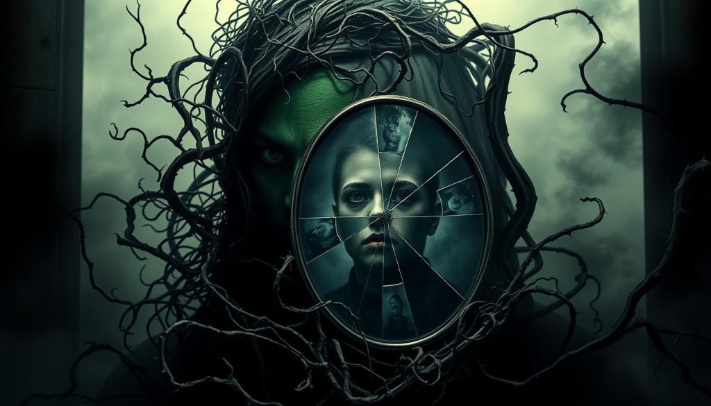 A surreal and dreamlike scene depicting the emotion of "gelosia". In the foreground, a figure with a green face and obsessive eyes stares intensely, their gaze filled with possessiveness and suspicion. Swirling around them are thorny vines and twisting tendrils, symbolizing the entanglement of jealous thoughts. In the middle ground, a fractured mirror reflects a distorted, fragmented image, mirroring the internal conflict. The background is shrouded in a hazy, indistinct mist, creating an atmosphere of uncertainty and unease. Dramatic chiaroscuro lighting casts deep shadows, enhancing the ominous and unsettling mood. The overall composition conveys the overwhelming, overwhelming nature of jealousy and its power to distort one's perceptions and emotions.