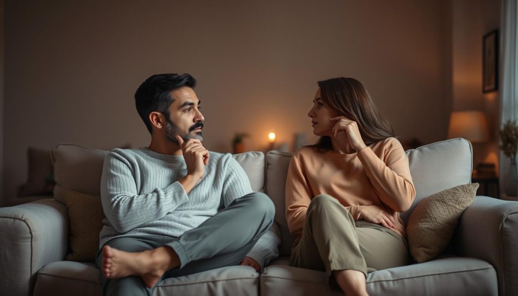 A thoughtful couple in a serene, dimly lit living room, sitting together on a plush couch, engaged in a meaningful conversation. The foreground features their relaxed, introspective poses, with gentle body language and thoughtful expressions conveying a sense of mutual understanding. The middle ground showcases the warm, cozy ambiance of the room, with soft lighting, muted colors, and hints of personal decor elements that create a sense of intimacy. The background subtly fades into a blurred, calming landscape, further emphasizing the couple's focus on each other and the moment. The overall mood is one of contemplative connection, capturing the essence of navigating conflicts within a relationship with care and mindfulness. A thoughtful couple in a serene, dimly lit living room, sitting together on a plush couch, engaged in a meaningful conversation. The foreground features their relaxed, introspective poses, with gentle body language and thoughtful expressions conveying a sense of mutual understanding. The middle ground showcases the warm, cozy ambiance of the room, with soft lighting, muted colors, and hints of personal decor elements that create a sense of intimacy. The background subtly fades into a blurred, calming landscape, further emphasizing the couple's focus on each other and the moment. The overall mood is one of contemplative connection, capturing the essence of navigating conflicts within a relationship with care and mindfulness.