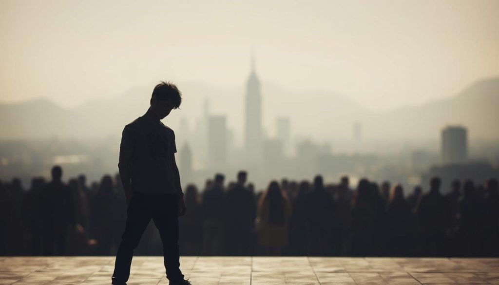 A timid figure stands in the foreground, shoulders hunched, eyes downcast. The scene is bathed in a soft, muted light, creating an atmosphere of introspection and vulnerability. In the middle ground, blurred shapes suggest a crowded urban environment, hinting at the social pressures that contribute to the subject's unease. The background is a hazy, dreamlike landscape, offering a sense of escape and the potential for growth. The overall mood is one of contemplation, inviting the viewer to consider the complex nature of shyness and its impact on our lives. A timid figure stands in the foreground, shoulders hunched, eyes downcast. The scene is bathed in a soft, muted light, creating an atmosphere of introspection and vulnerability. In the middle ground, blurred shapes suggest a crowded urban environment, hinting at the social pressures that contribute to the subject's unease. The background is a hazy, dreamlike landscape, offering a sense of escape and the potential for growth. The overall mood is one of contemplation, inviting the viewer to consider the complex nature of shyness and its impact on our lives.