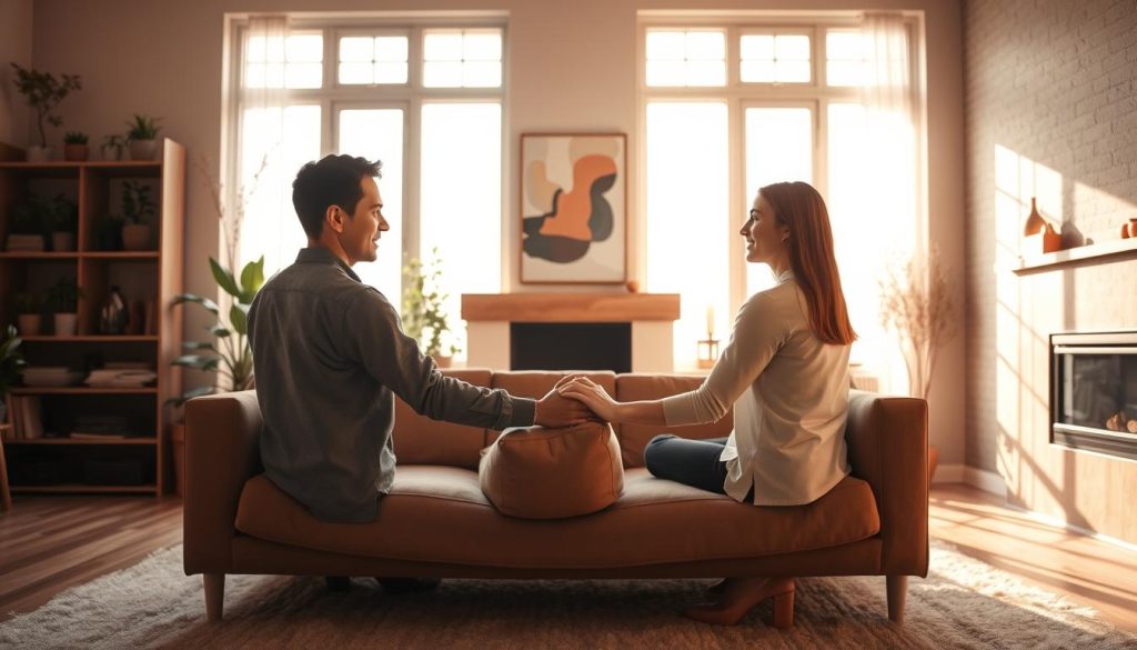 A tranquil living room scene, flooded with warm, soft light streaming through large windows. In the foreground, two figures sit facing each other on a plush, earthy-toned sofa, their hands clasped in a gesture of mutual understanding. The background features carefully curated decor elements - a plant-filled bookshelf, a piece of abstract art, and a cozy fireplace - all contributing to an atmosphere of harmony and respect. The overall mood is one of intimacy, trust, and a deep connection between the two individuals, exemplifying the daily pillars of a healthy relationship.