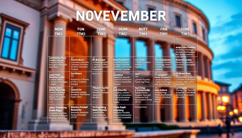 A vibrant and visually appealing monthly calendar, showcasing a curated selection of cultural events in the heart of the historic city of Rome. The calendar is presented against a backdrop of iconic Roman architecture, with warm lighting casting a inviting glow. In the foreground, individual event details are neatly arranged, highlighting the date, time, and a brief description of each activity. The overall design strikes a balance between functionality and artistic flair, reflecting the rich cultural tapestry of the Eternal City. The calendar is framed by a clean, minimalist layout, allowing the content to take center stage and inspire the reader to discover the best November events.