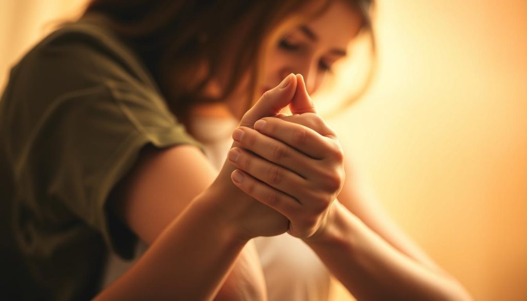 A warm, intimate embrace between two figures, their bodies intertwined in a gentle dance of trust and connection. The foreground depicts the couple's hands clasped together, fingers intertwined, conveying a sense of mutual understanding and vulnerability. In the middle ground, their faces are close, eyes locked in a captivating gaze, radiating a palpable sense of emotional intimacy. The background is softly blurred, creating a serene, dreamlike atmosphere that emphasizes the couple's emotional bond. The lighting is soft and diffused, creating a warm, golden glow that envelops the scene, evoking a sense of comfort and security. The overall composition and mood aim to visually represent the essence of "fiducia coppia" - the trust, connection, and emotional intimacy that define a healthy, thriving relationship.