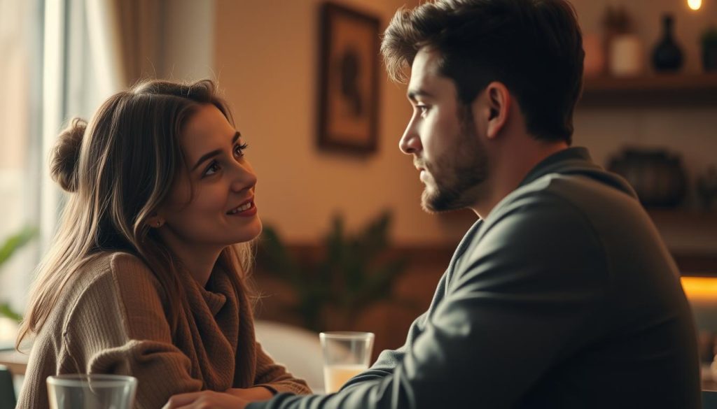 A warm, softly lit scene of a young couple engaged in intimate conversation. In the foreground, the woman leans forward, her expression attentive and open, as the man speaks to her with a calm, earnest demeanor. The middle ground features a cozy, inviting setting, perhaps a cafe or living room, with muted tones and gentle textures. The background blurs into a dreamlike, romantic atmosphere, hinting at the emotional connection between the two. The overall mood is one of mutual understanding, trust, and the promise of a budding relationship. A warm, softly lit scene of a young couple engaged in intimate conversation. In the foreground, the woman leans forward, her expression attentive and open, as the man speaks to her with a calm, earnest demeanor. The middle ground features a cozy, inviting setting, perhaps a cafe or living room, with muted tones and gentle textures. The background blurs into a dreamlike, romantic atmosphere, hinting at the emotional connection between the two. The overall mood is one of mutual understanding, trust, and the promise of a budding relationship.