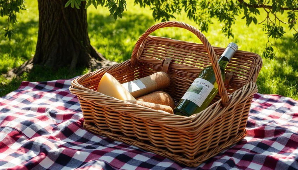 A woven wicker picnic basket rests on a checkered picnic blanket, its interior filled with artisanal cheese, fresh bread, and a bottle of chilled white wine. The basket's intricate weave casts organic shadows across the plaid fabric, creating a warm, rustic atmosphere. Dappled sunlight filters through the leaves of a nearby oak tree, casting a soft, natural glow over the scene. The composition is framed by a lush, verdant background, suggesting a tranquil, secluded setting perfect for an intimate, romantic picnic. A woven wicker picnic basket rests on a checkered picnic blanket, its interior filled with artisanal cheese, fresh bread, and a bottle of chilled white wine. The basket's intricate weave casts organic shadows across the plaid fabric, creating a warm, rustic atmosphere. Dappled sunlight filters through the leaves of a nearby oak tree, casting a soft, natural glow over the scene. The composition is framed by a lush, verdant background, suggesting a tranquil, secluded setting perfect for an intimate, romantic picnic.