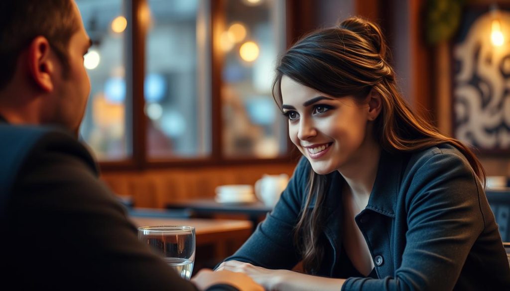 A young woman sitting in a cozy cafe, her gaze fixed intently on the man across the table. Her body language, with a slight lean forward and a warm smile, conveys an unmistakable air of interest and engagement. The cafe setting is softly lit, creating a intimate, inviting atmosphere. The woman's features are subtly expressive, hinting at the subtle social cues and signals that indicate her attraction. The scene captures the essence of "segnali interesse" - the delicate nonverbal communication that can make or break a budding romantic connection.
