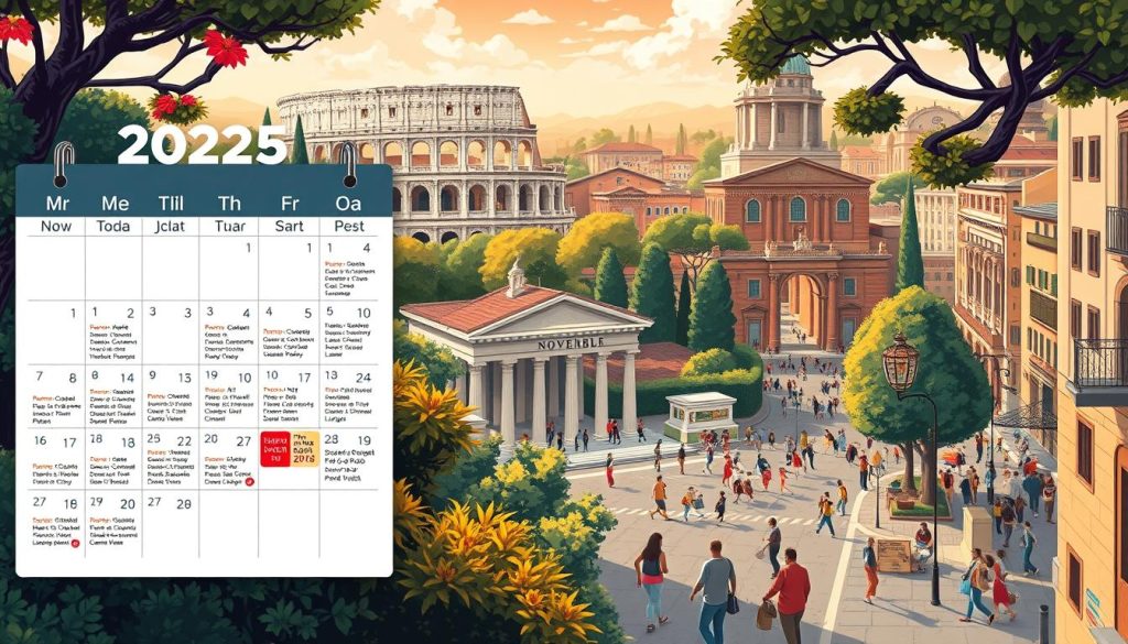 Calendario novembre 2025 eventi, a vibrant and detailed illustration showcasing the cultural events and happenings in Rome. In the foreground, a sleek calendar grid with prominent dates and icons denoting various activities - art exhibitions, concerts, festivals, and more. The middle ground features architectural landmarks of Rome, such as the Colosseum and the Pantheon, surrounded by lush foliage and a warm, golden light. In the background, a bustling cityscape with people navigating the streets, creating a sense of energy and anticipation. The overall composition conveys a sense of excitement and anticipation for the cultural richness of the Eternal City in November 2025.