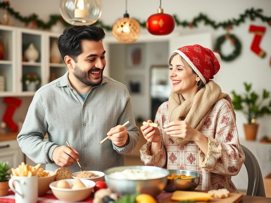 Coppia che celebra festività di culture diverse, mostrando gioia nell'integrare tradizioni Coppia che celebra festività di culture diverse, mostrando gioia nell'integrare tradizioni