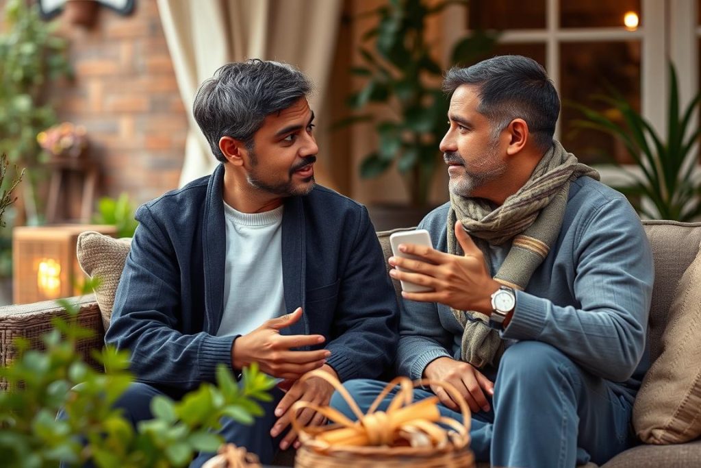 Coppia che discute di valori culturali diversi in un ambiente rilassato Coppia che discute di valori culturali diversi in un ambiente rilassato