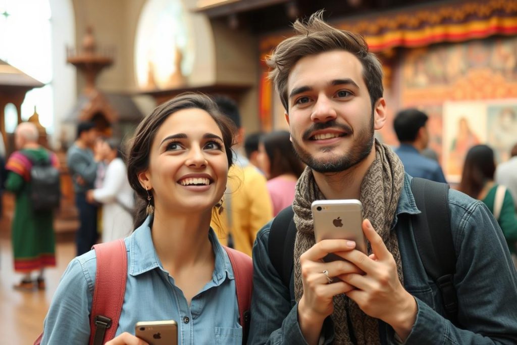 Coppia che esplora insieme un nuovo ambiente culturale, mostrando crescita personale attraverso l'esperienza condivisa Coppia che esplora insieme un nuovo ambiente culturale, mostrando crescita personale attraverso l'esperienza condivisa