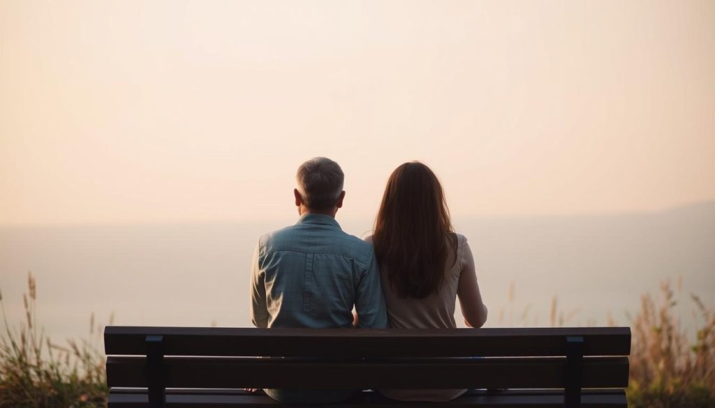 Coppia che guarda l'orizzonte mantenendo spazio personale, simbolo di amore e libertà personale