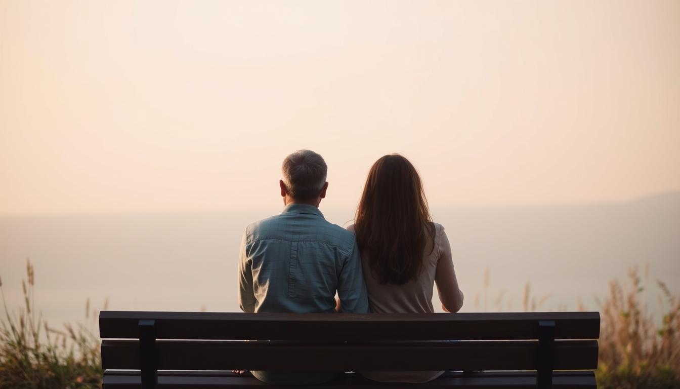 Coppia che guarda l'orizzonte mantenendo spazio personale, simbolo di amore e libertà personale