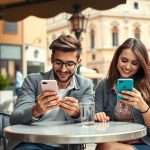 Coppia che interagisce con app di appuntamenti online in Italia