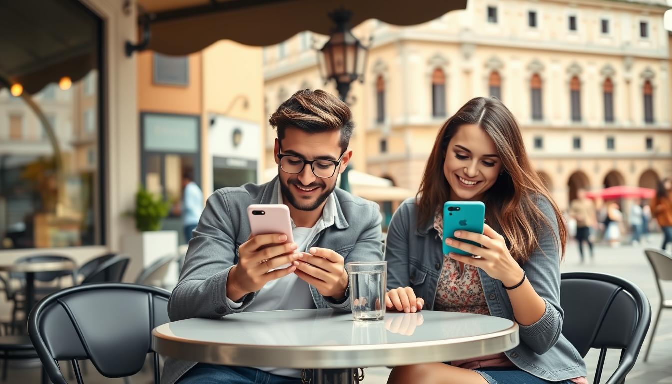 Coppia che interagisce con app di appuntamenti online in Italia