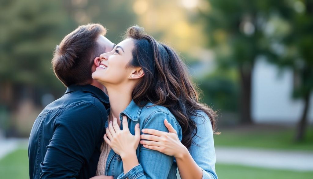 Coppia che si abbraccia guardando in avanti, simbolo di supporto reciproco e libertà personale