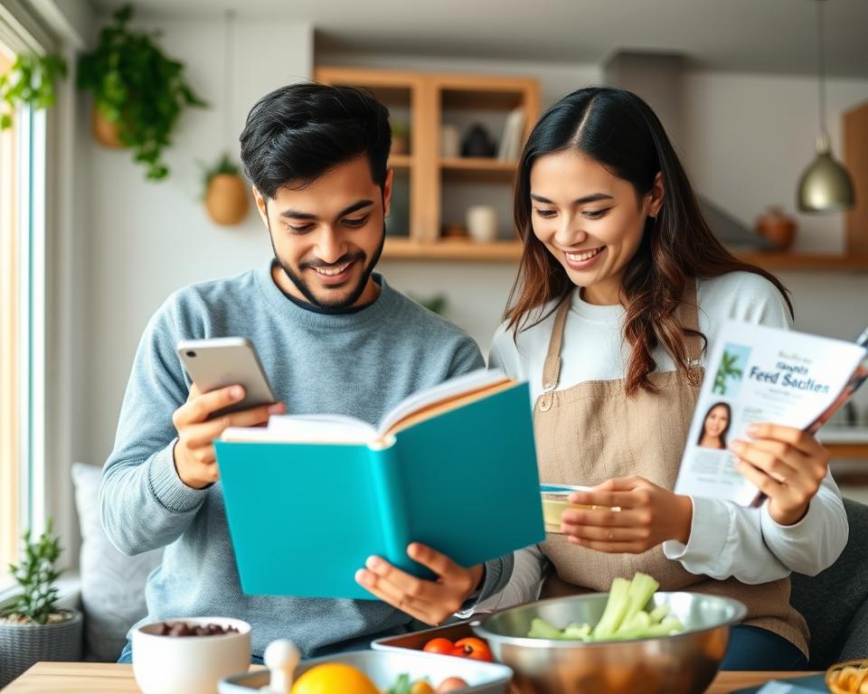 Coppia che utilizza strumenti pratici come app di traduzione o libri sulla comunicazione interculturale Coppia che utilizza strumenti pratici come app di traduzione o libri sulla comunicazione interculturale